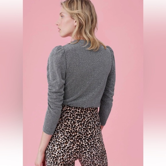 NWOT Rebecca Taylor Metallic Silver ruched 3/4 puff sleeves Blouse sz XS - Picture 9 of 13